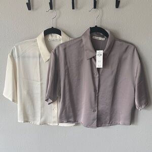 Abercrombie & Fitch Cropped Silky Blouses, Size Small, Ivory and Slate